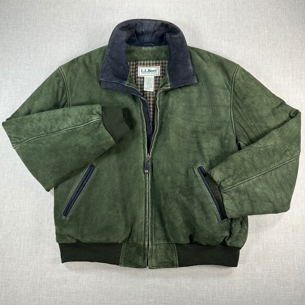 L.L. Bean Bomber Jacket Mens L Green Nubuck Leather Thinsulate Plaid Vintage - Picture 2 of 16